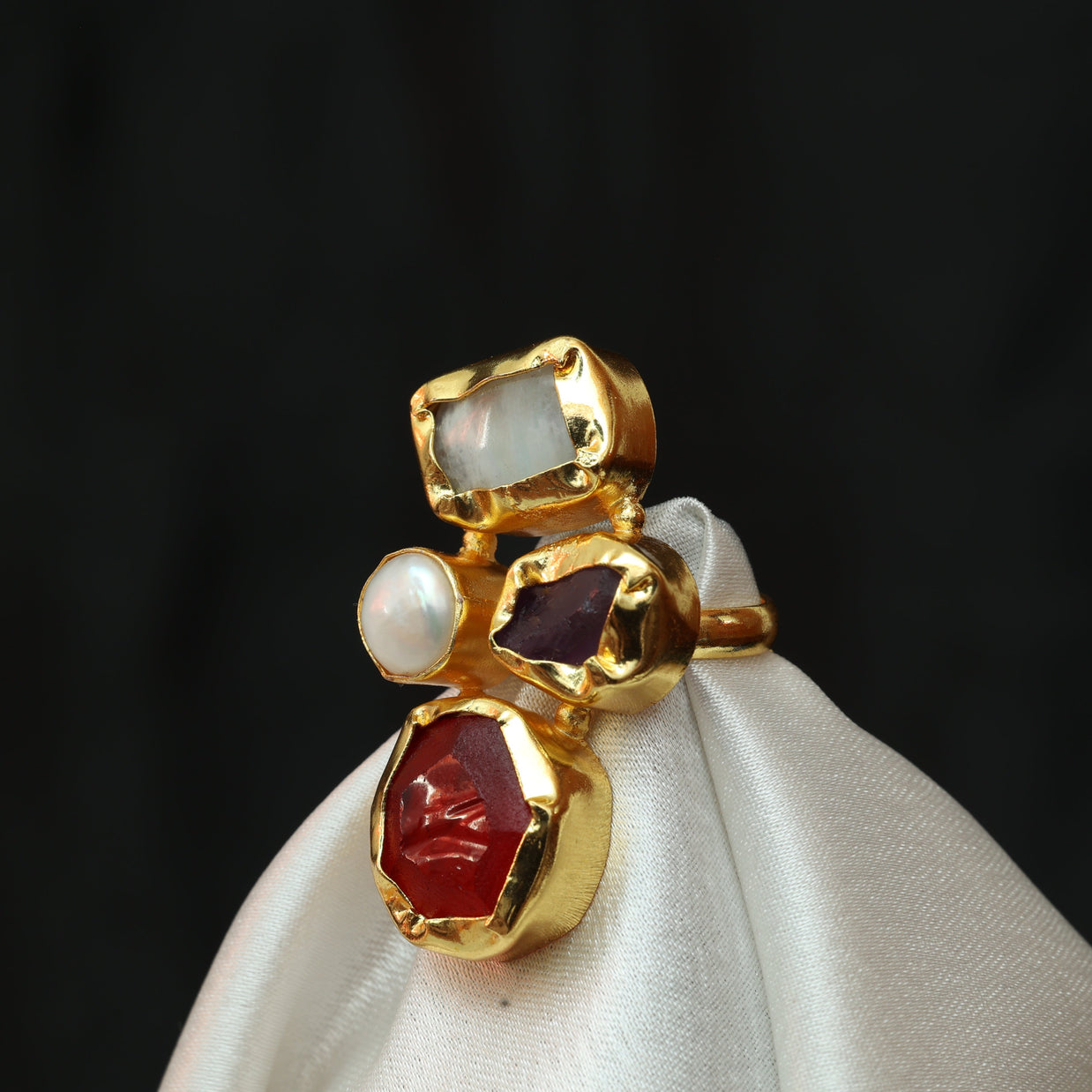 Gem Harmony Multicoloured Natural Stone Adjustable Ring With Pearl 18K Gold Plated