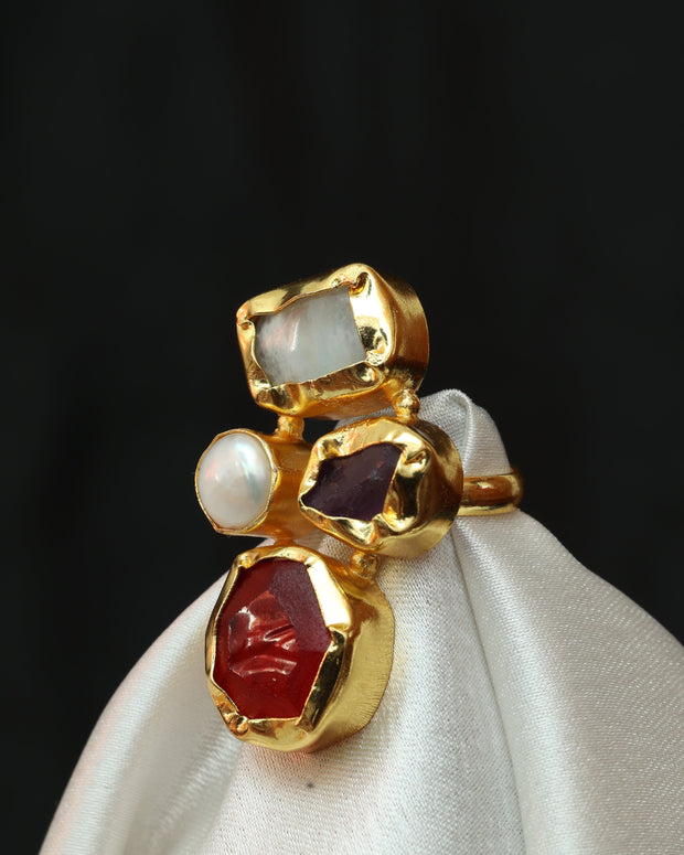 Gem Harmony Multicoloured Natural Stone Adjustable Ring With Pearl 18K Gold Plated