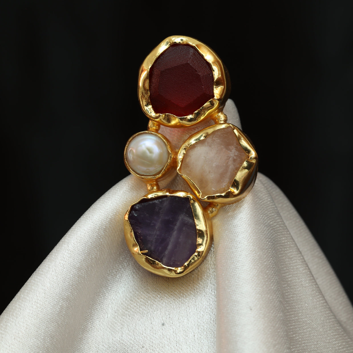 Gem Harmony Multicoloured Natural Stone Adjustable Ring With Pearl 18K Gold Plated