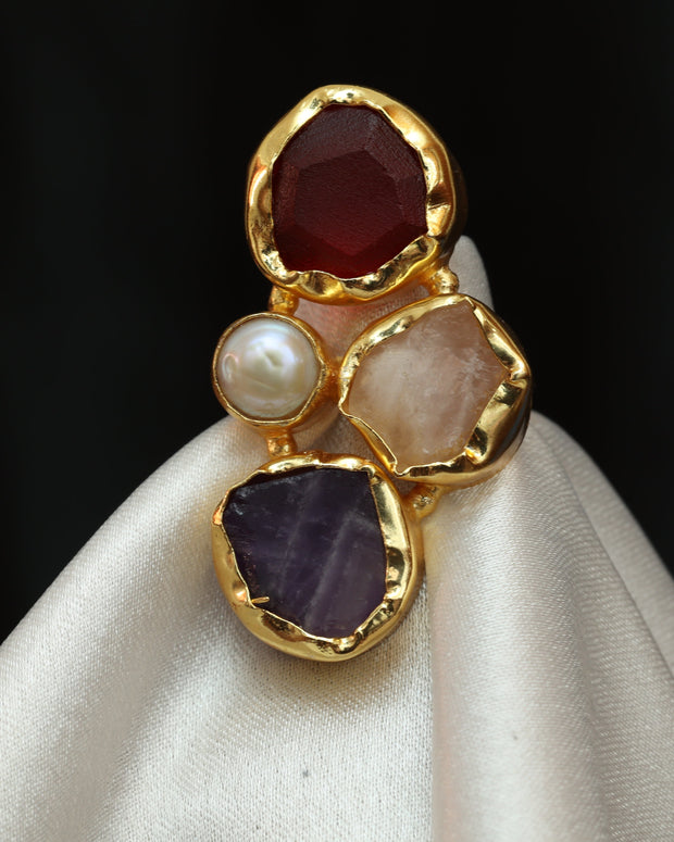 Gem Harmony Multicoloured Natural Stone Adjustable Ring With Pearl 18K Gold Plated