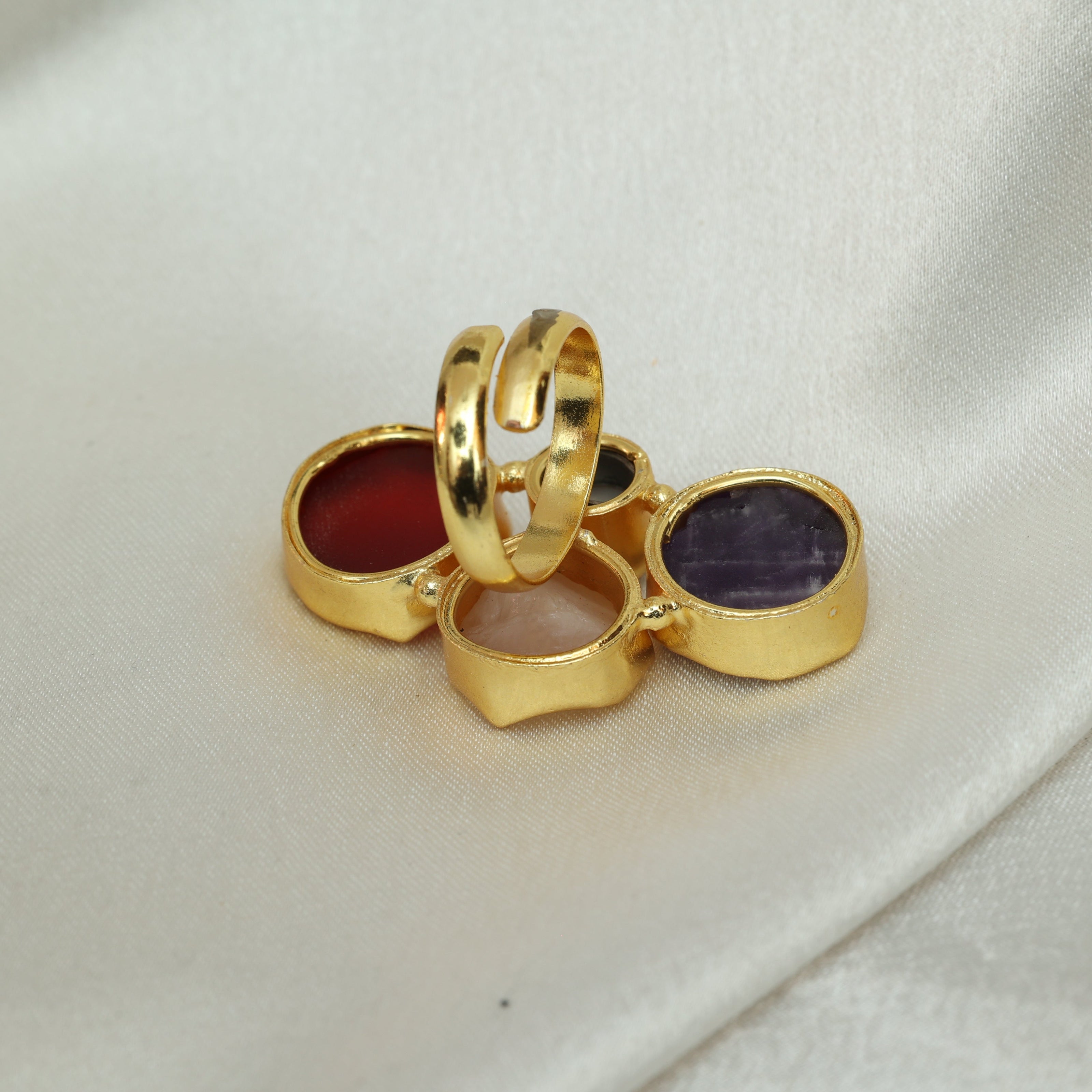Gem Harmony Multicoloured Natural Stone Adjustable Ring With Pearl 18K Gold Plated