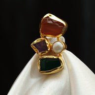 Gem Harmony Multicoloured Natural Stone Adjustable Ring With Pearl 18K Gold Plated