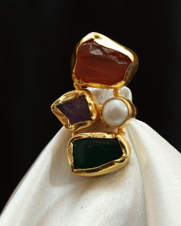 Gem Harmony Multicoloured Natural Stone Adjustable Ring With Pearl 18K Gold Plated