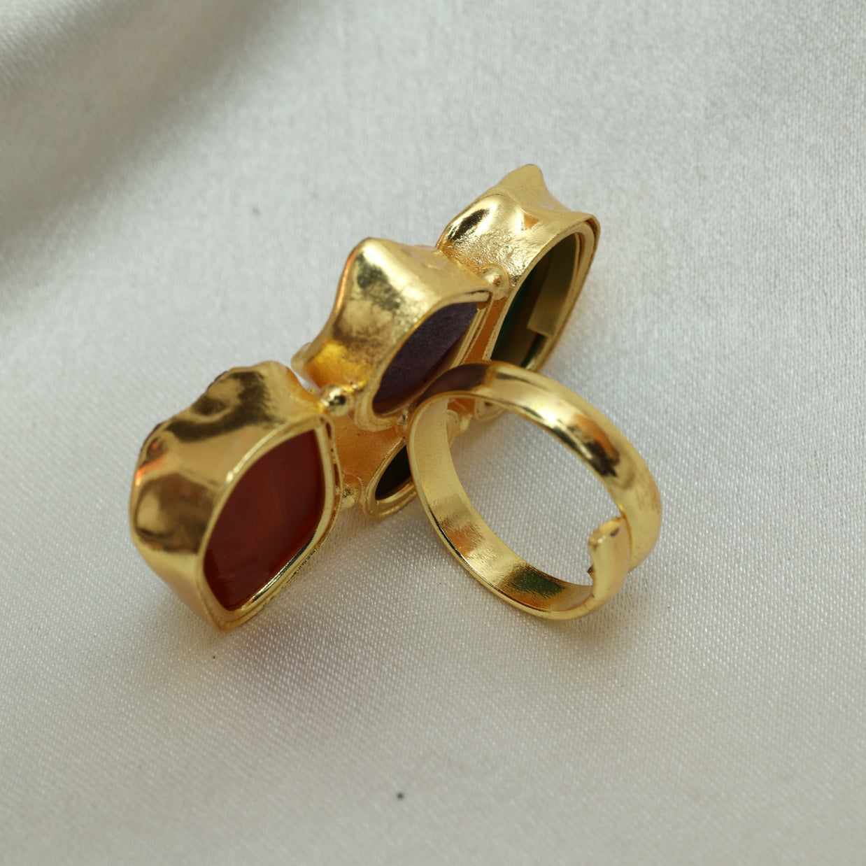 Gem Harmony Multicoloured Natural Stone Adjustable Ring With Pearl 18K Gold Plated