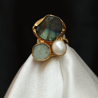 Multicoloured Natural Stone Adjustable Ring With Elegance Of Pearl 18K Gold Plated