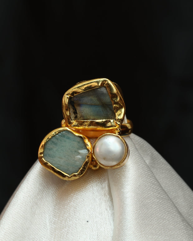 Multicoloured Natural Stone Adjustable Ring With Elegance Of Pearl 18K Gold Plated
