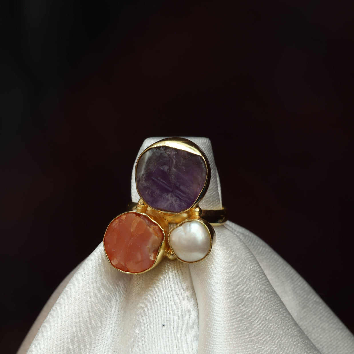 Multicoloured Natural Stone Adjustable Ring With Elegance Of Pearl 18K Gold Plated