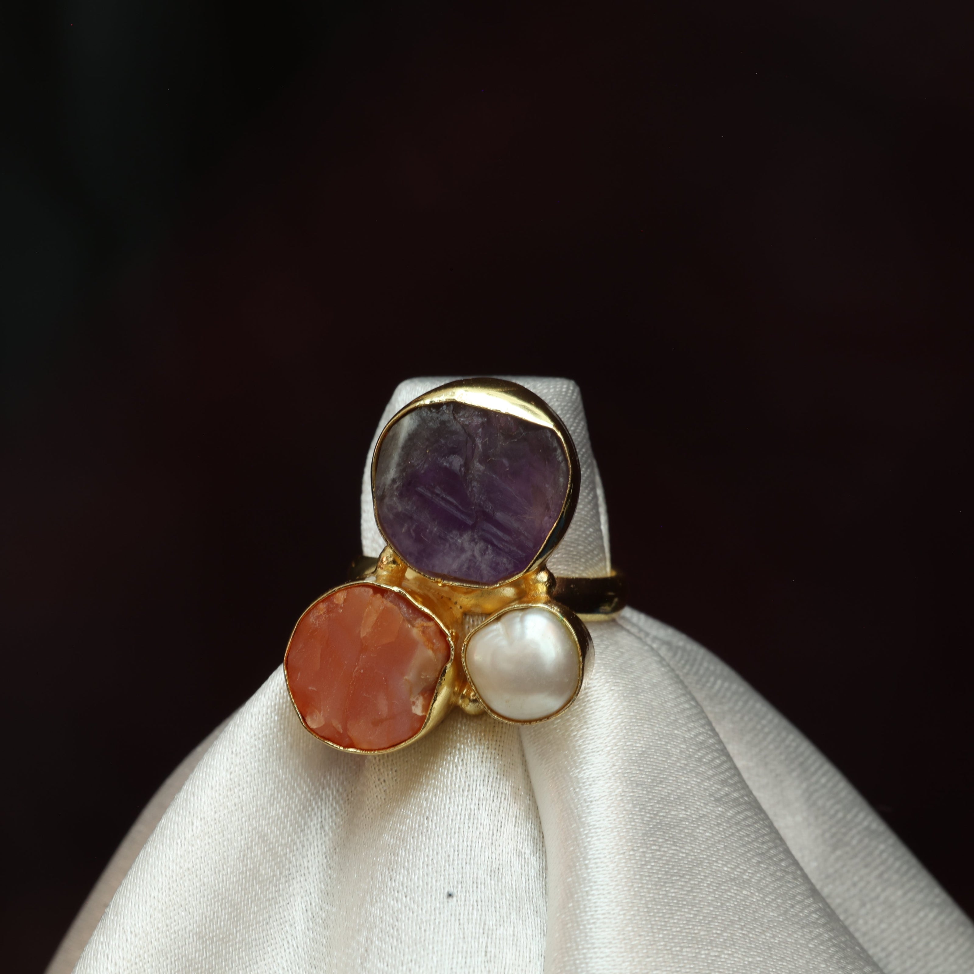 Multicoloured Natural Stone Adjustable Ring With Elegance Of Pearl 18K Gold Plated