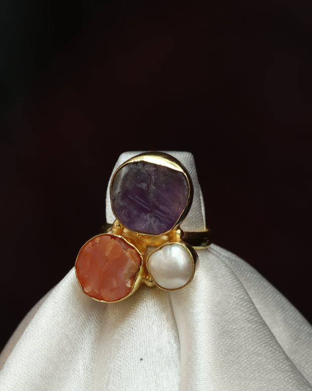 Multicoloured Natural Stone Adjustable Ring With Elegance Of Pearl 18K Gold Plated
