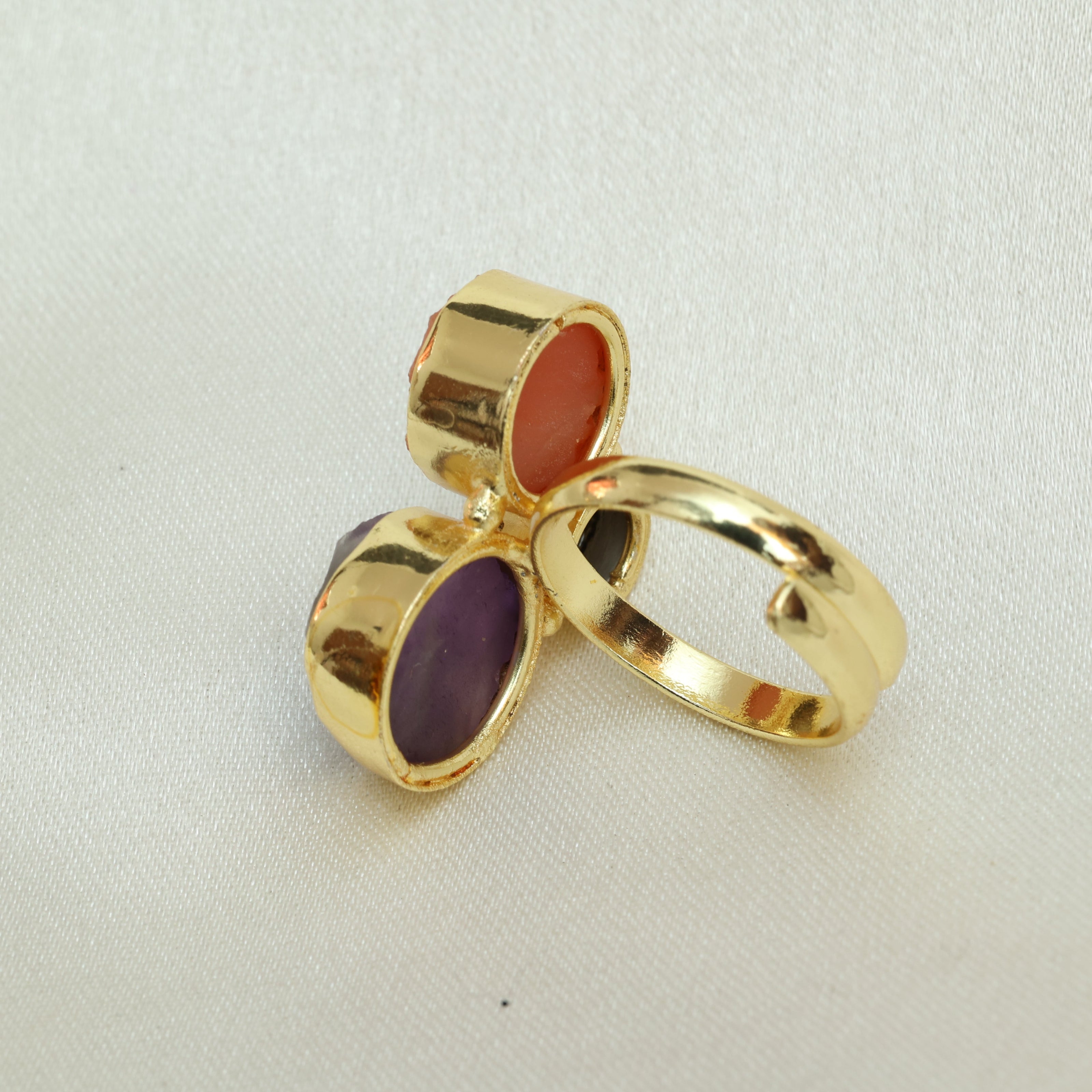 Multicoloured Natural Stone Adjustable Ring With Elegance Of Pearl 18K Gold Plated