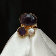Multicoloured Natural Stone Adjustable Ring With Elegance Of Pearl 18K Gold Plated