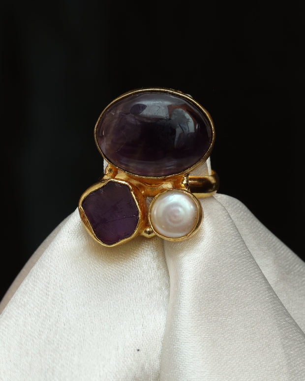 Multicoloured Natural Stone Adjustable Ring With Elegance Of Pearl 18K Gold Plated