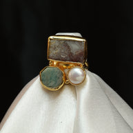 Multicoloured Natural Stone Adjustable Ring With Elegance Of Pearl 18K Gold Plated