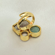 Multicoloured Natural Stone Adjustable Ring With Elegance Of Pearl 18K Gold Plated