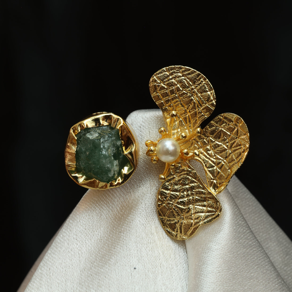 Floral Natural Stone Adjustable Ring 18K Gold Plated