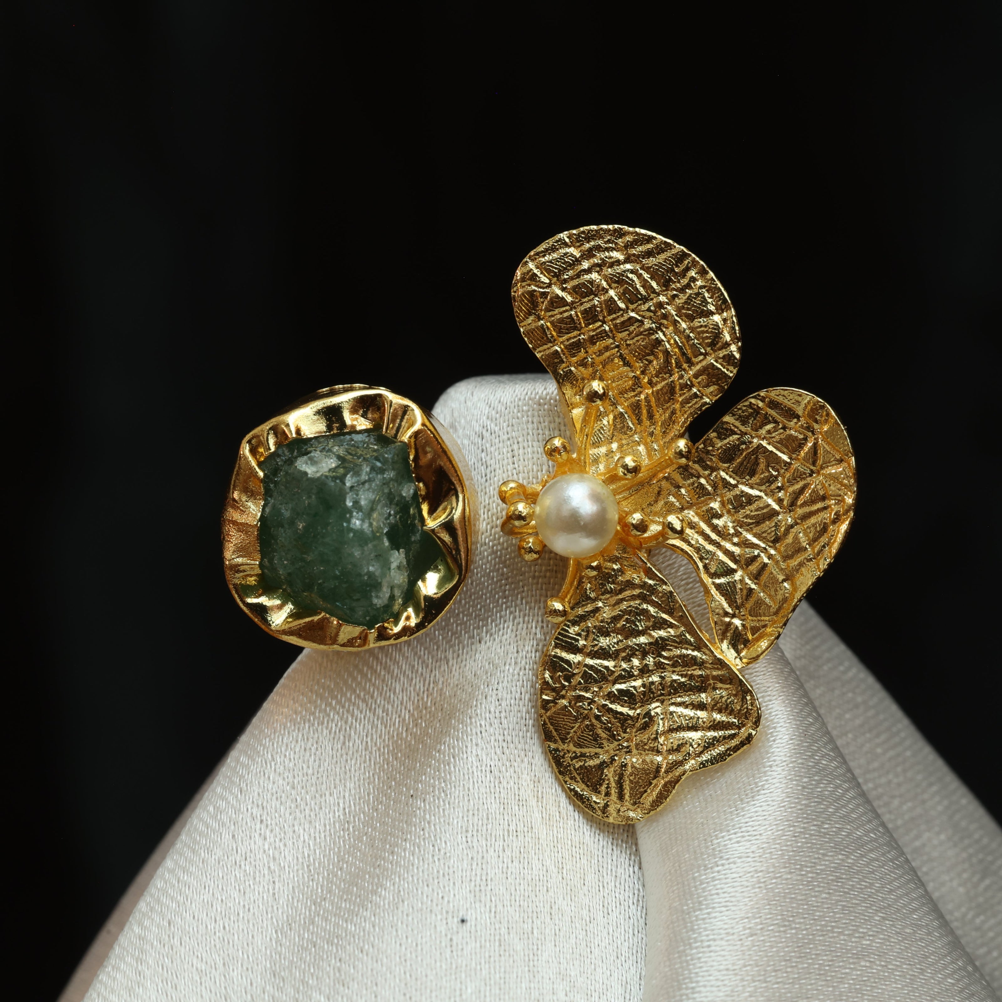 Floral Natural Stone Adjustable Ring 18K Gold Plated