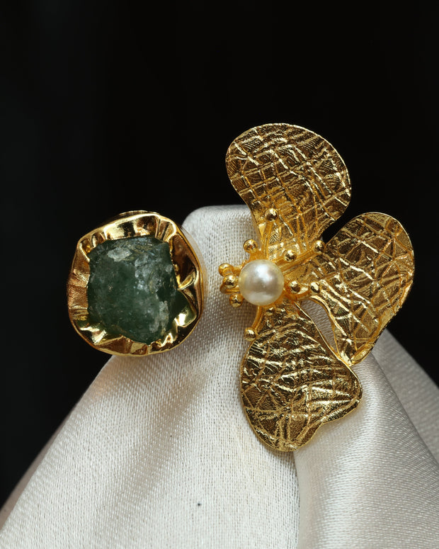 Floral Natural Stone Adjustable Ring 18K Gold Plated