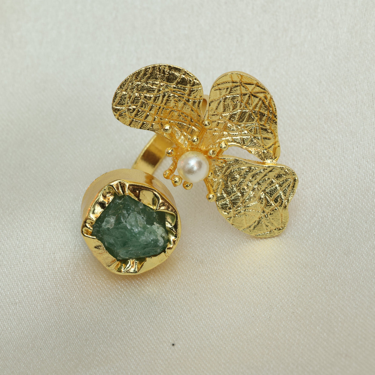 Floral Natural Stone Adjustable Ring 18K Gold Plated