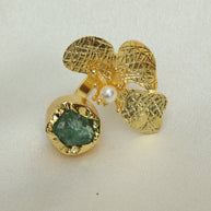 Floral Natural Stone Adjustable Ring 18K Gold Plated