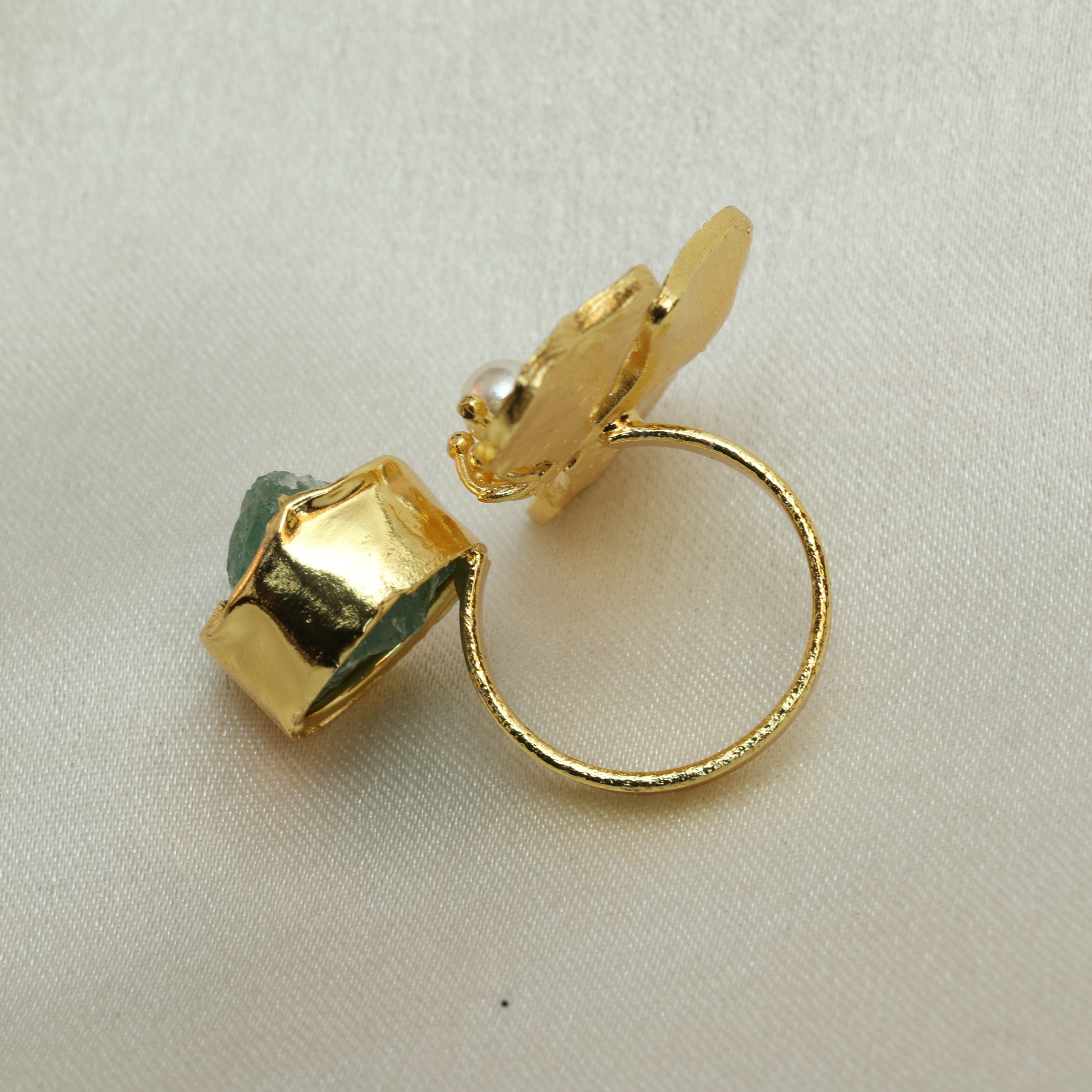 Floral Natural Stone Adjustable Ring 18K Gold Plated