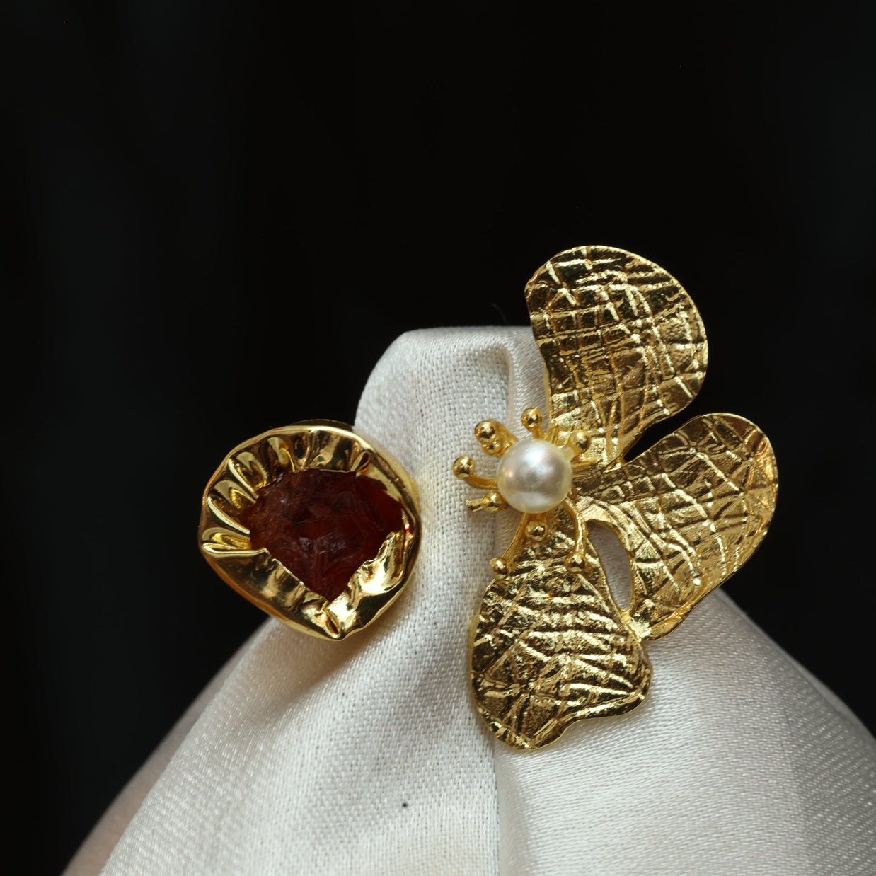 Floral Natural Stone Adjustable Ring 18K Gold Plated