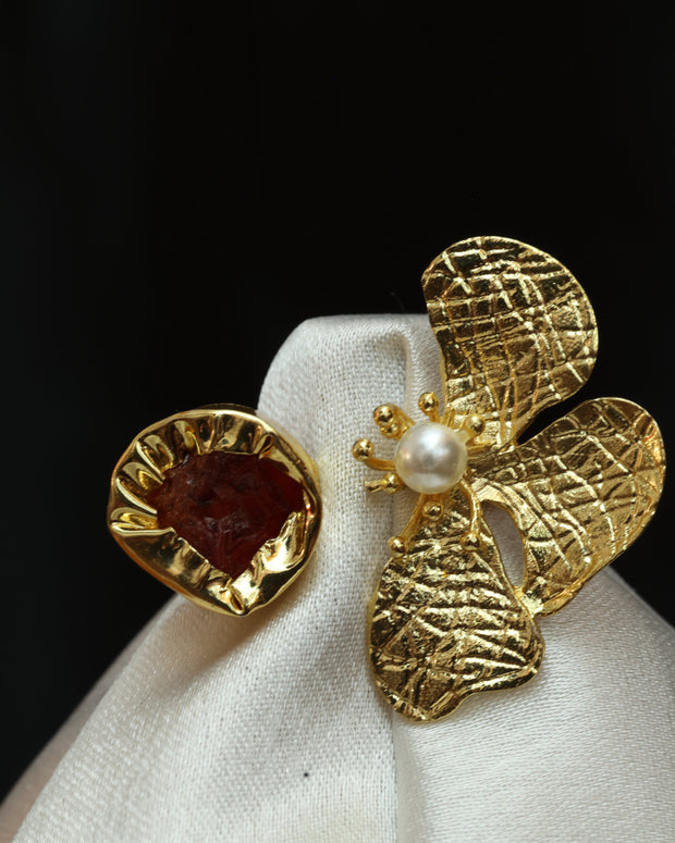 Floral Natural Stone Adjustable Ring 18K Gold Plated