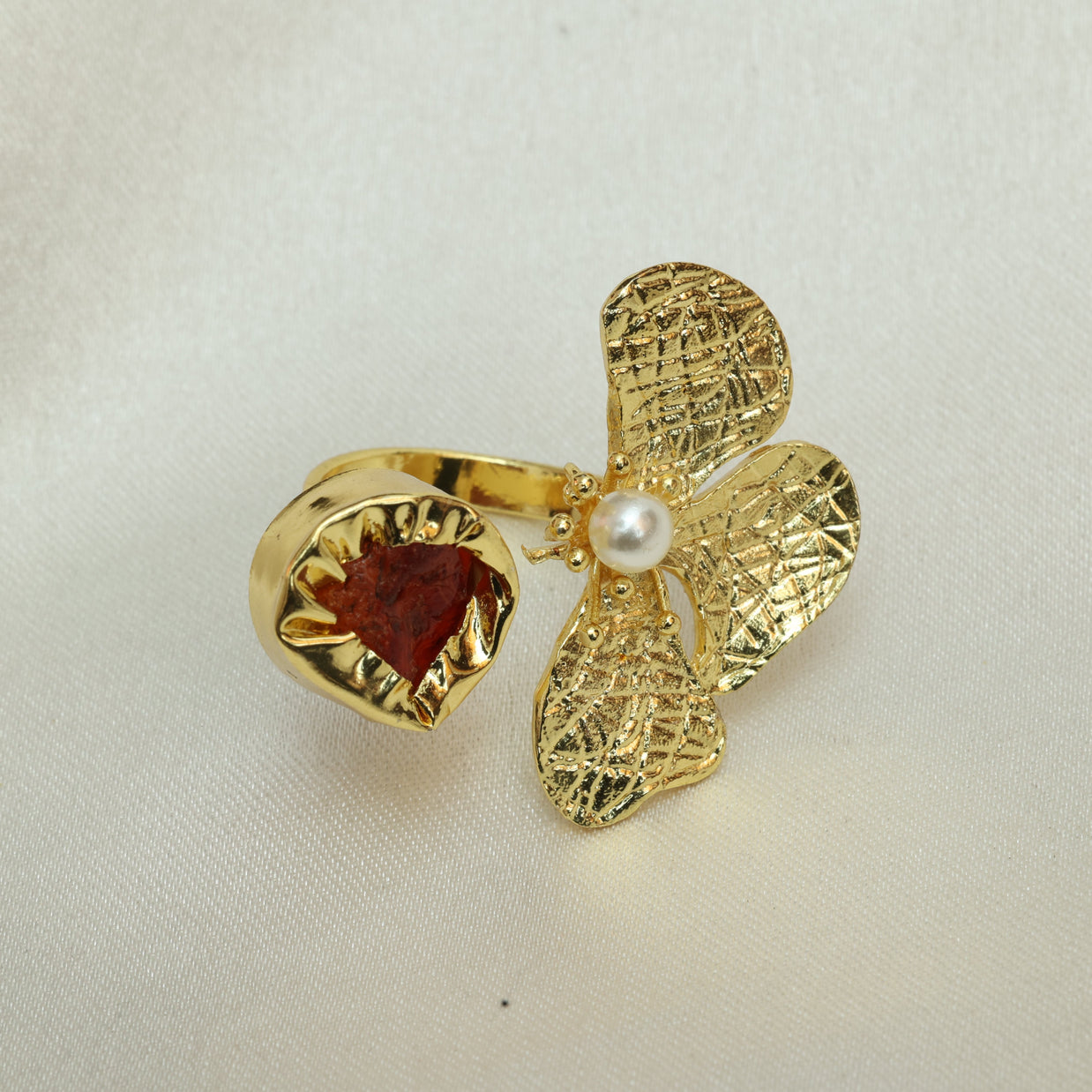 Floral Natural Stone Adjustable Ring 18K Gold Plated