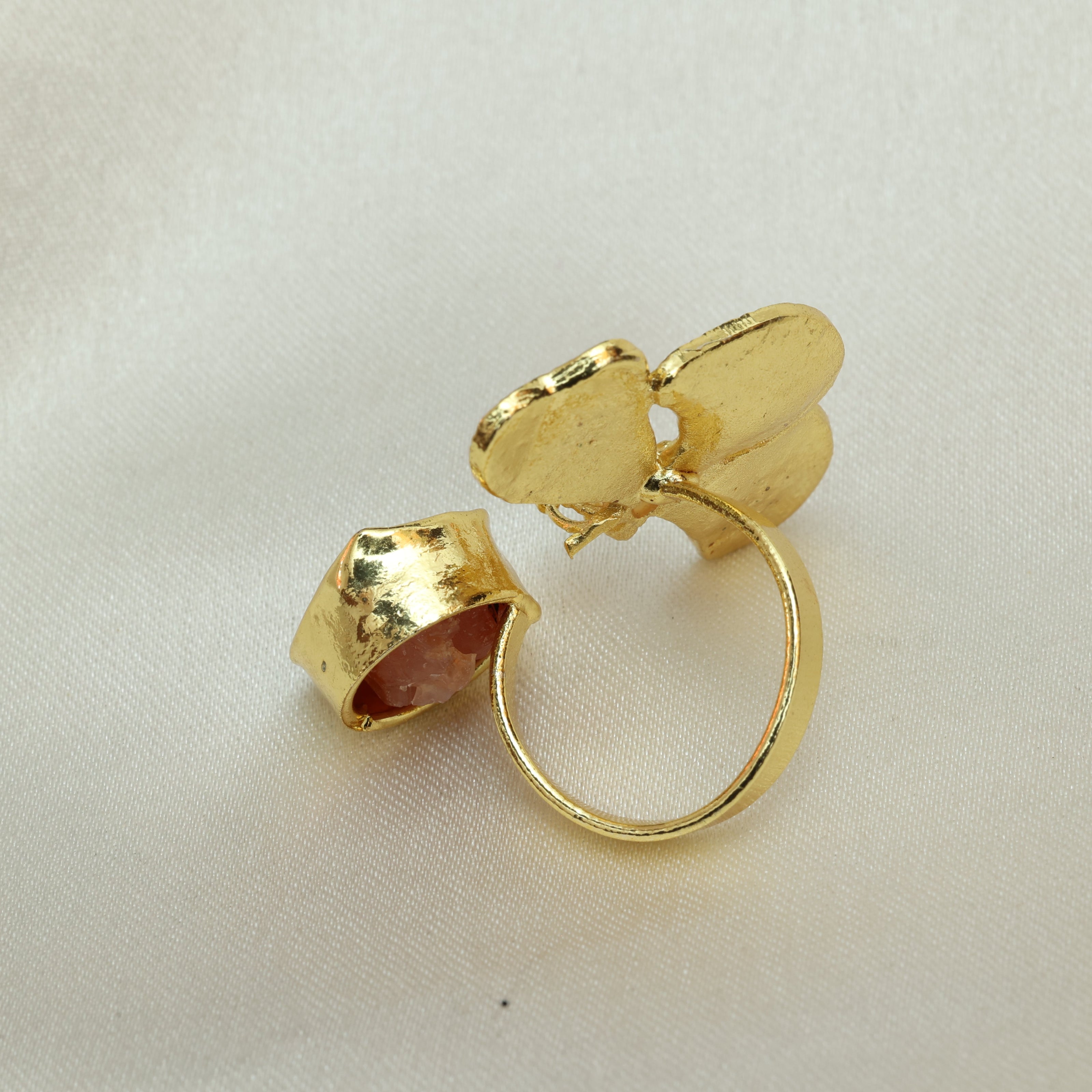 Floral Natural Stone Adjustable Ring 18K Gold Plated