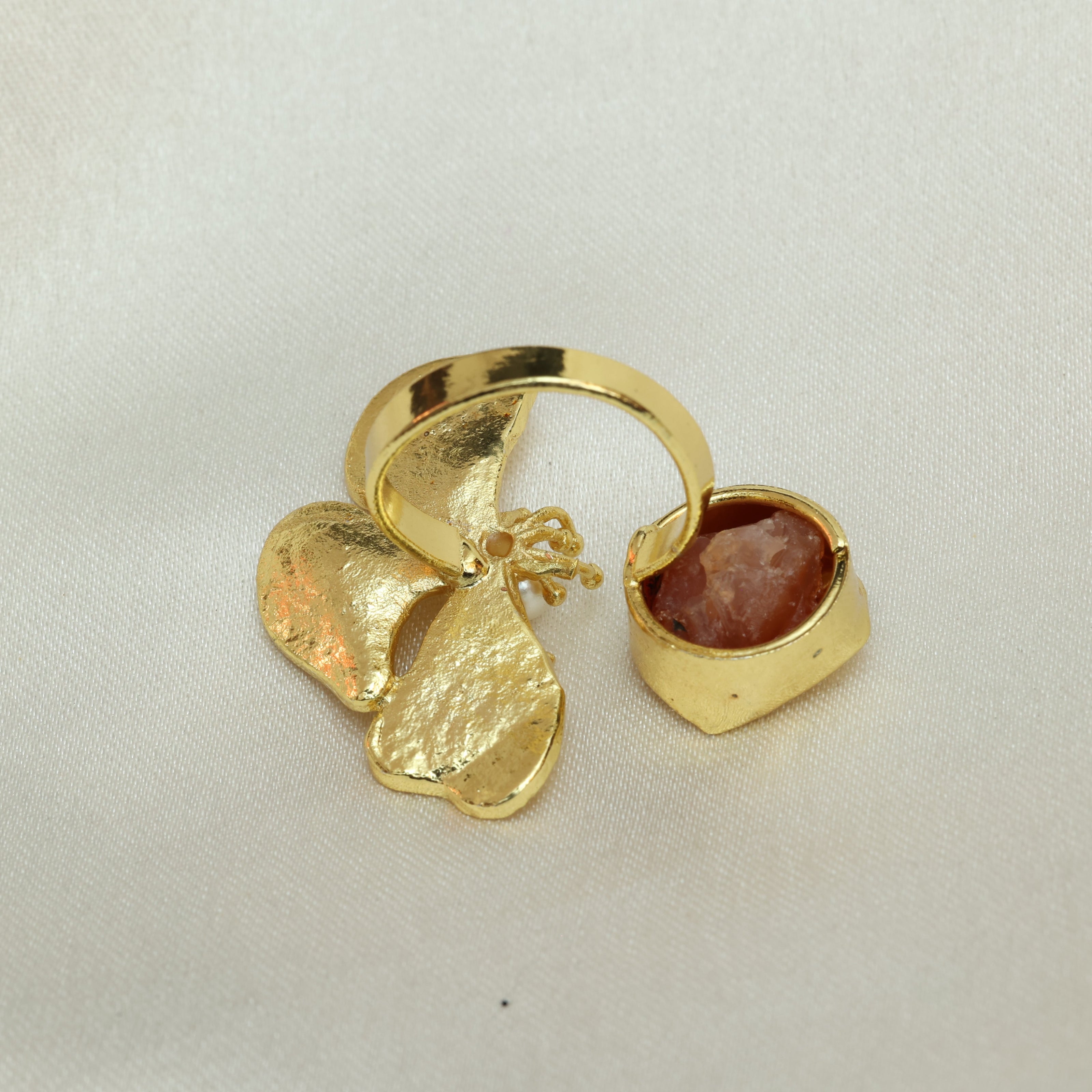 Floral Natural Stone Adjustable Ring 18K Gold Plated
