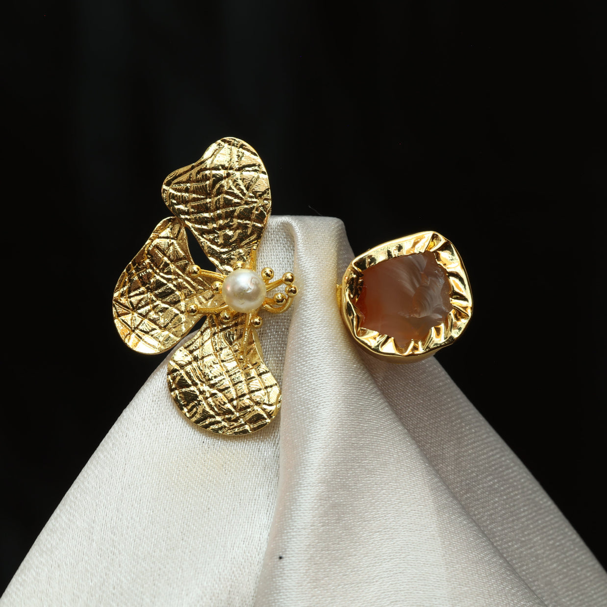 Floral Natural Stone Adjustable Ring 18K Gold Plated