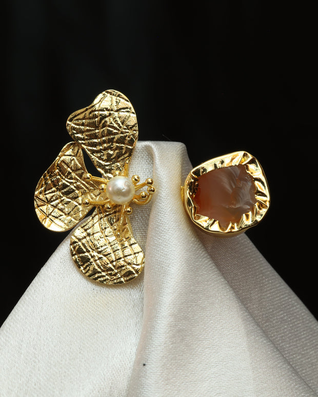 Floral Natural Stone Adjustable Ring 18K Gold Plated