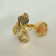 Floral Natural Stone Adjustable Ring 18K Gold Plated
