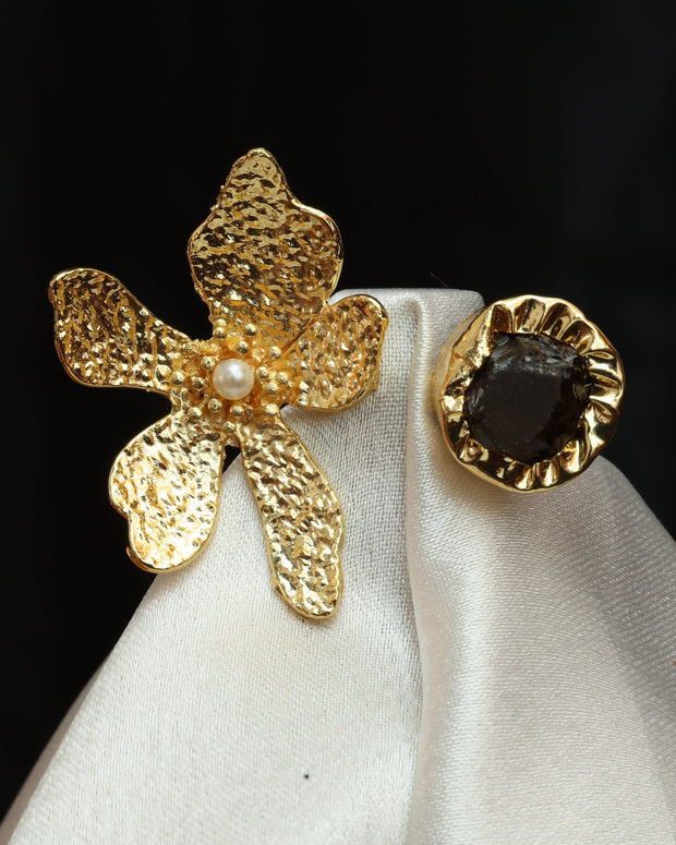 Floral Natural Stone Adjustable Ring 18K Gold Plated