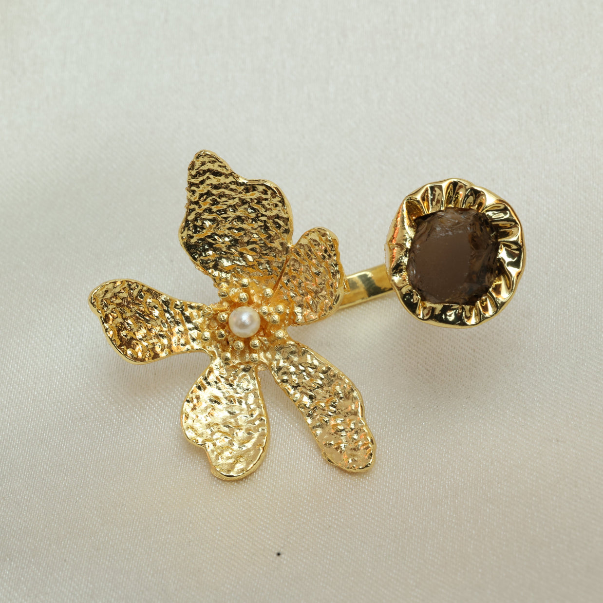 Floral Natural Stone Adjustable Ring 18K Gold Plated