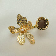 Floral Natural Stone Adjustable Ring 18K Gold Plated