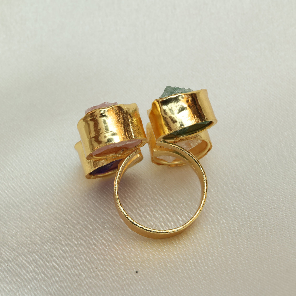 4 Natural Stone Multicoloured Adjustable Ring 18K Gold Plated