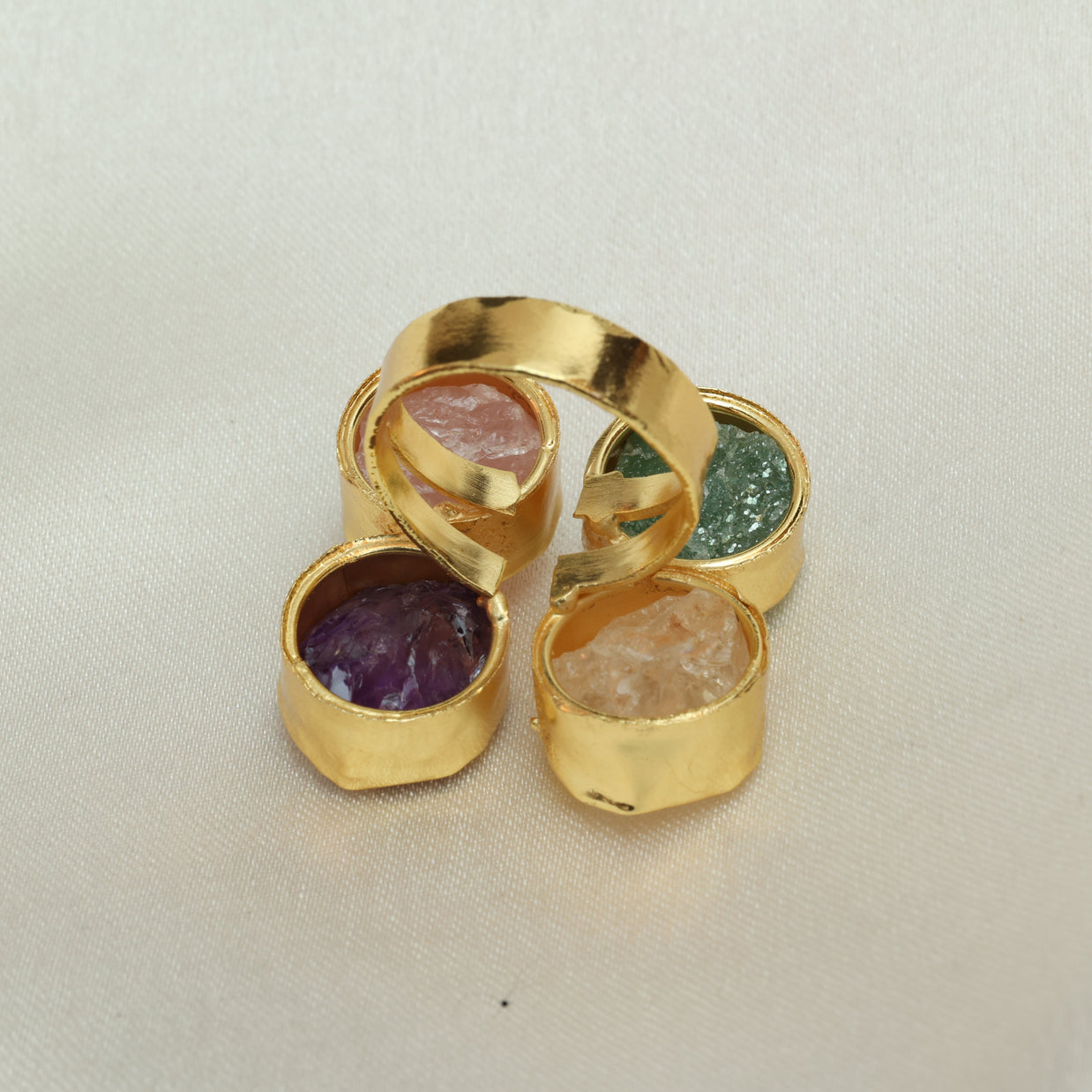 4 Natural Stone Multicoloured Adjustable Ring 18K Gold Plated