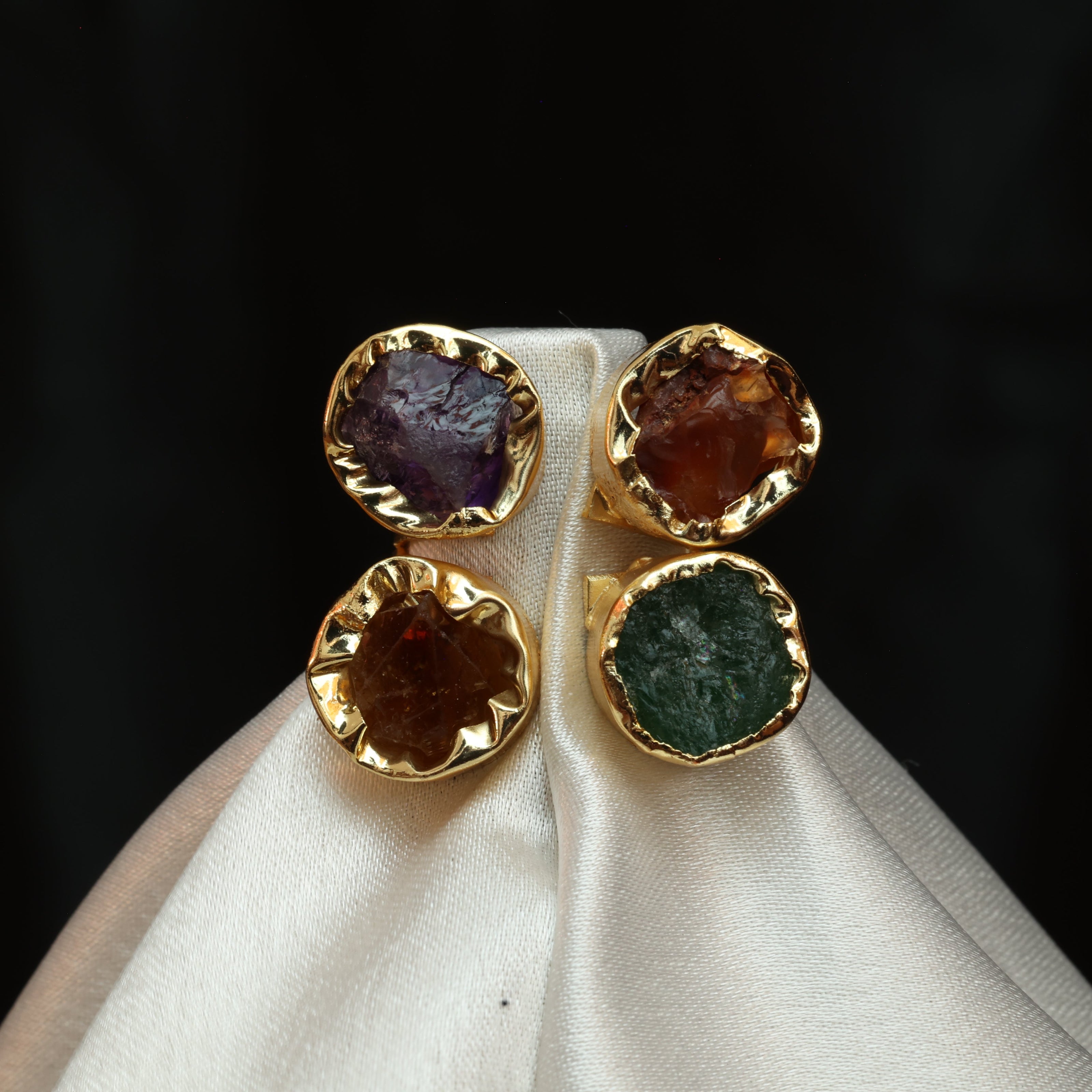 4 Natural Stone Multicoloured Adjustable Ring 18K Gold Plated