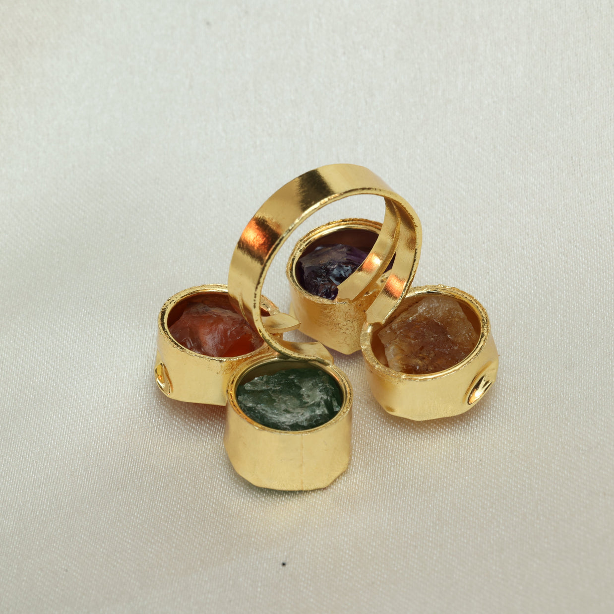 4 Natural Stone Multicoloured Adjustable Ring 18K Gold Plated